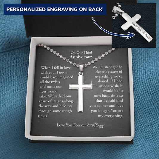 Third (3 Year) Anniversary Gift For Him, Boyfriend/Husband Gift, Engraved Cross Necklace