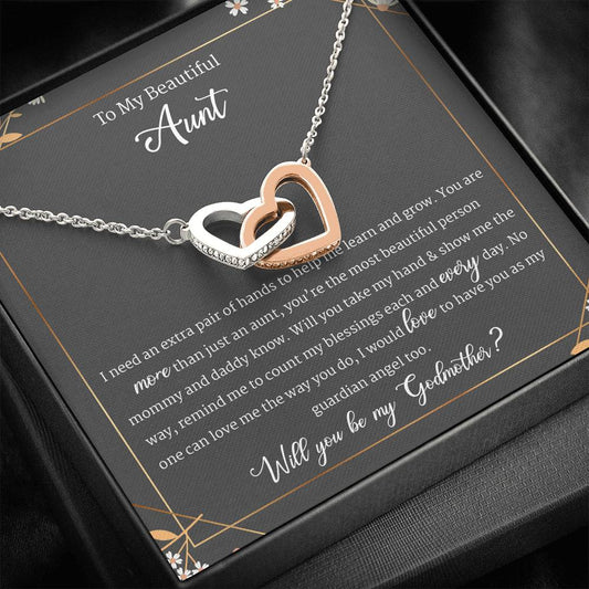 Aunty Godmother Proposal Gift, Be My Godmom Jewelry Box Set + Card, Interlocking Heart Necklace