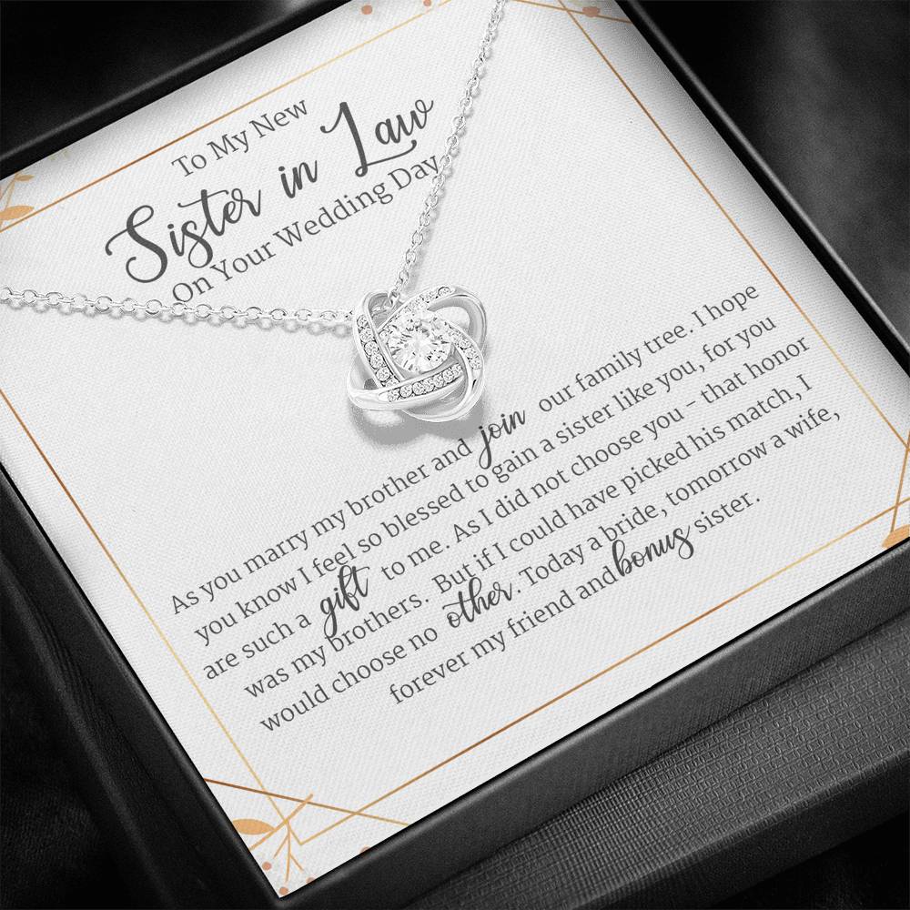 Sister in Law Wedding Gift, to My Sister in Law on Wedding Day Love Knot Necklace